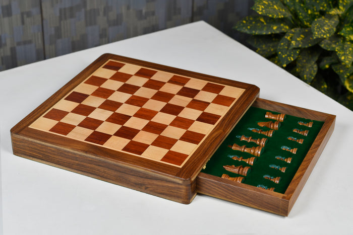 12-Inch Travel Magnetic Chess Set with Drawer Storage – Matte Padauk Wood, Extra Queens