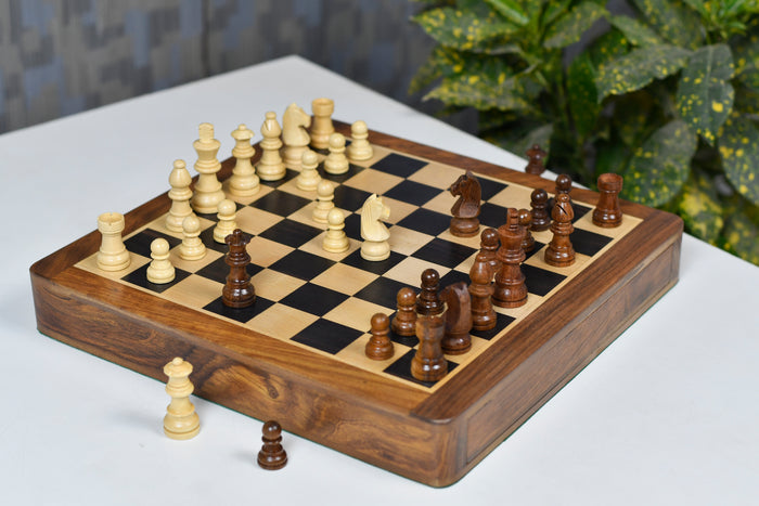 12" Magnetic Travel Chess Set Ebony Wood Drawer Storage Extra Queens