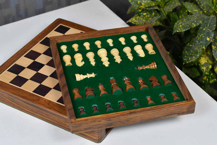 12" Magnetic Travel Chess Set Rosewood Drawer Storage Extra Queens