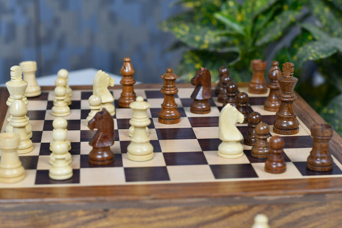 12" Magnetic Travel Chess Set Rosewood Drawer Storage Extra Queens