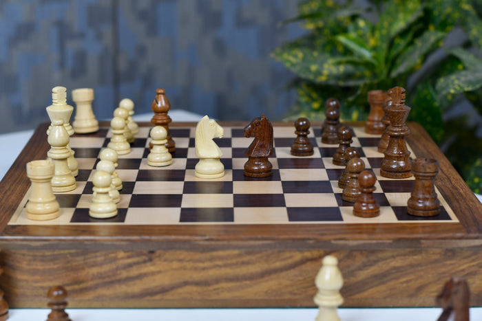12" Magnetic Travel Chess Set Rosewood Drawer Storage Extra Queens