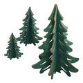 Three green, wooden, interlocking pine tree decorations of varying sizes, arranged in a group on a white background.