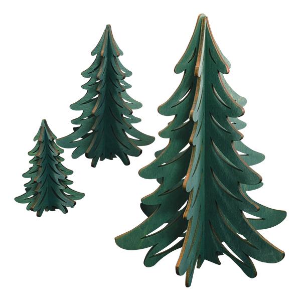 Three green, wooden, interlocking pine tree decorations of varying sizes, arranged in a group on a white background.