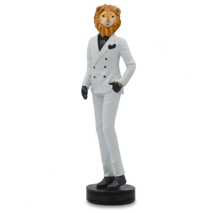 Statue of a person in a white suit with a lion's head on a white background