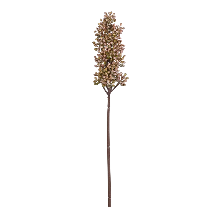 Artificial Sorghum Sunrise with a tall brown stem and dense cluster of blush, bronze and muted green seed-like florets.