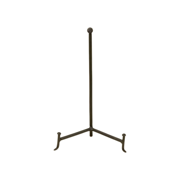 Small Atelier Display Stand in black iron with a slender vertical post, ball finial and open tripod base designed to support a plate, book or framed decorative object.