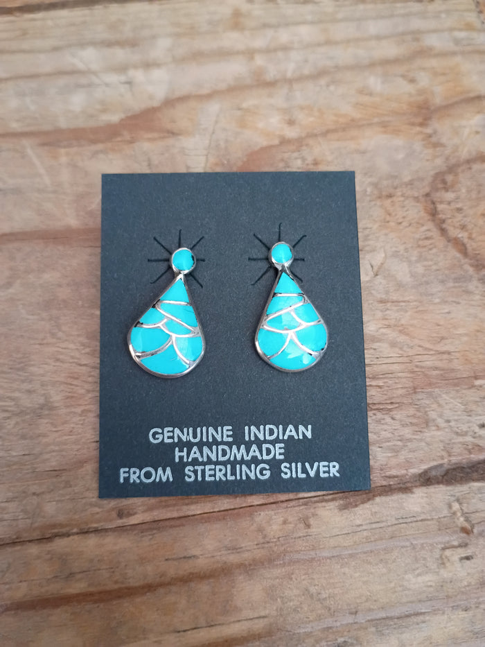 Authentic Zuni Handcrafted Sterling Silver and Turquoise Earrings; ER8-11