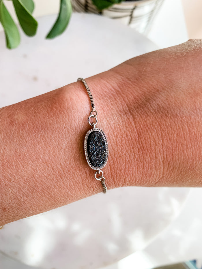 Black Druzy Silver Bolo Bracelet