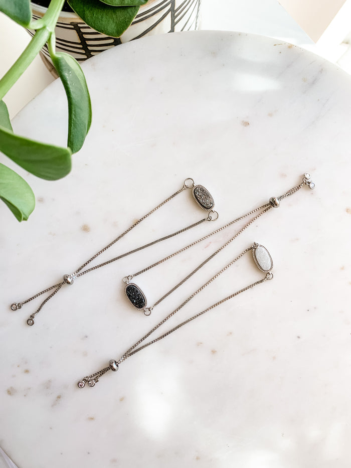 Black Druzy Silver Bolo Bracelet