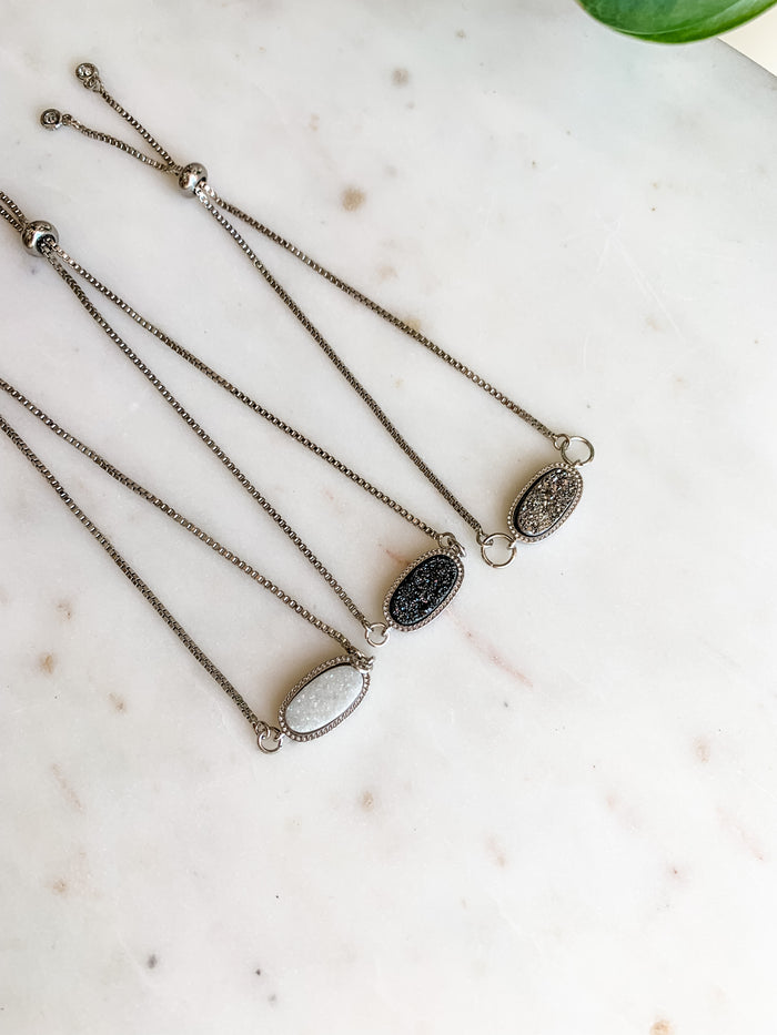 Black Druzy Silver Bolo Bracelet