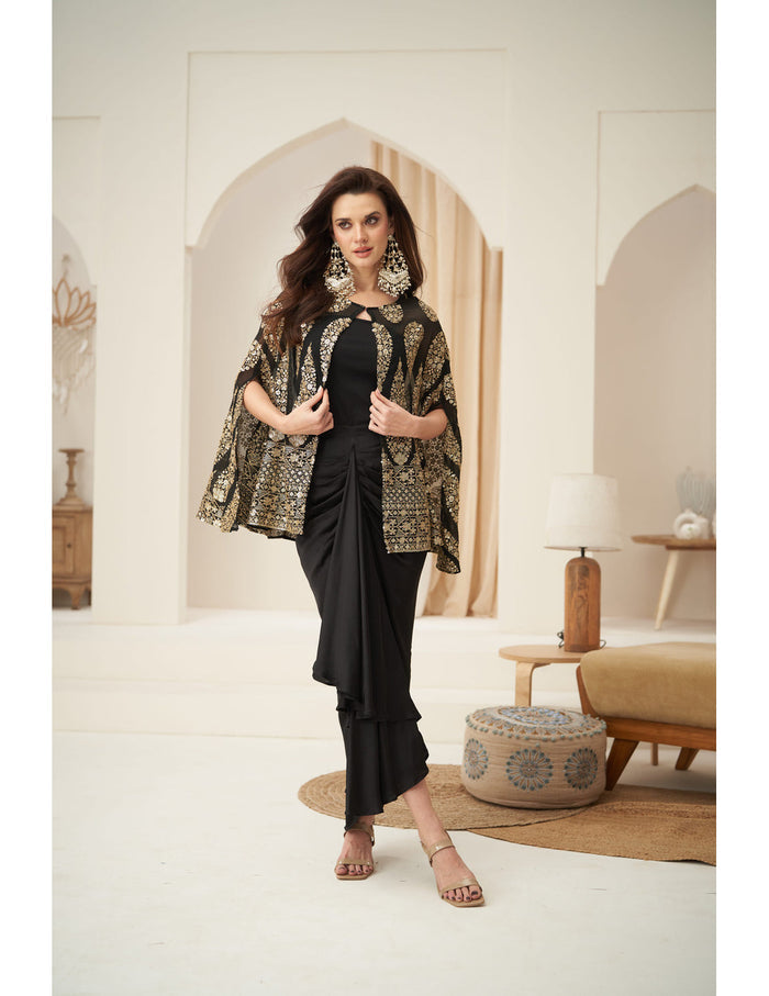 Black Embroidered Cape Jacket Set