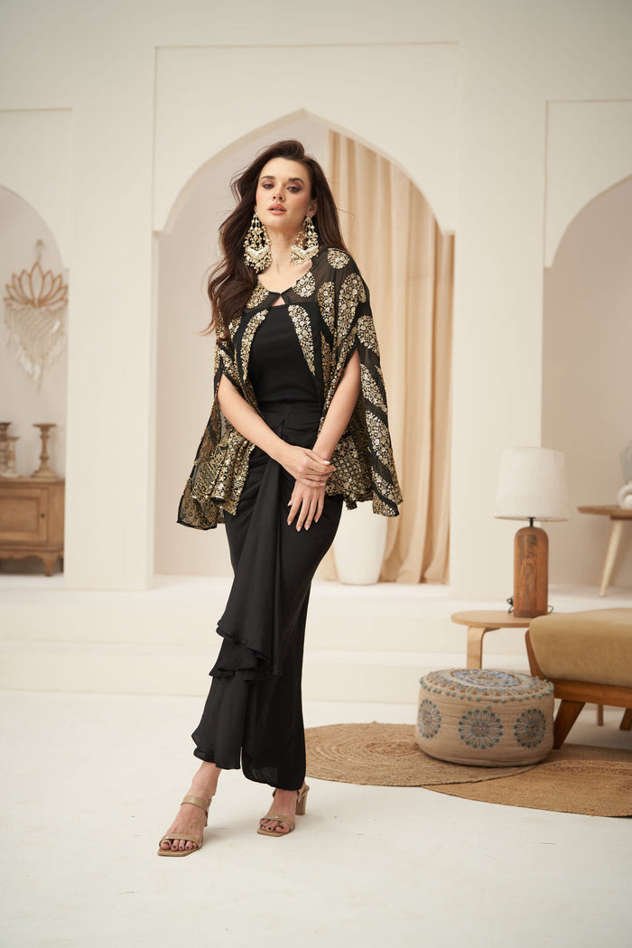 Black Embroidered Cape Jacket Set
