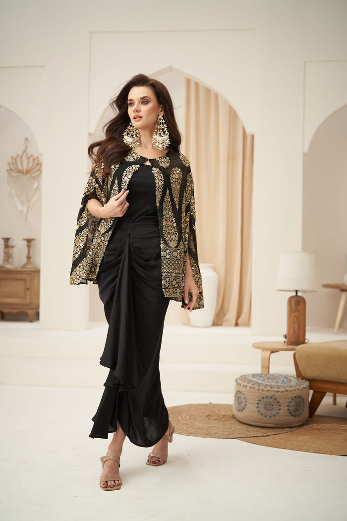 Black Embroidered Cape Jacket Set