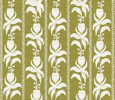 Blocked Tulips in Chartreuse Grasscloth Wallpaper