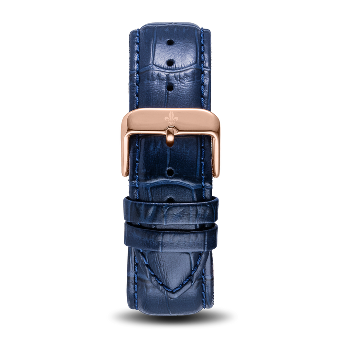 Blue Croc Pattern Leather Strap With Rose Gold Buckle featuring a textured deep blue leather strap with croc pattern and a polished rose gold buckle, designed for men's luxury watches.