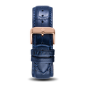 Blue Croc Pattern Leather Strap With Rose Gold Buckle featuring a textured deep blue leather strap with croc pattern and a polished rose gold buckle, designed for men's luxury watches.