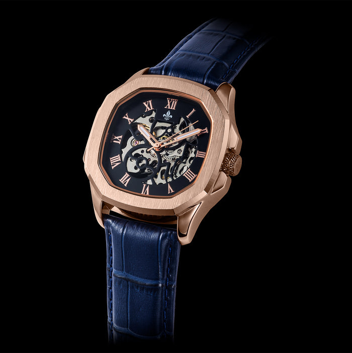 Ralph Christian men's luxury watch with Blue Croc Pattern Leather Strap With Rose Gold Buckle, rose gold case, skeleton dial, and Roman numeral markers, bold by design.