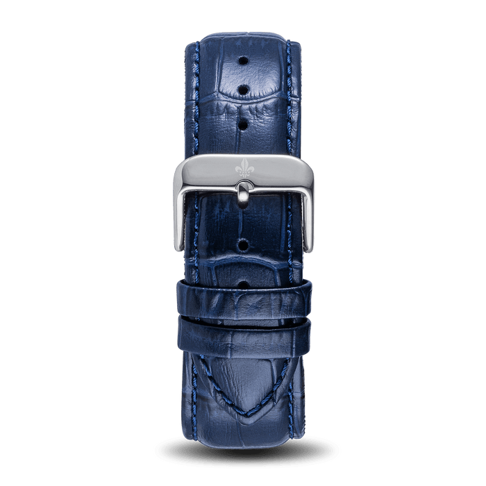 Blue Croc Pattern Leather Strap With Silver Buckle for men, featuring a textured deep blue leather design and polished silver buckle, embodying bold luxury by design.