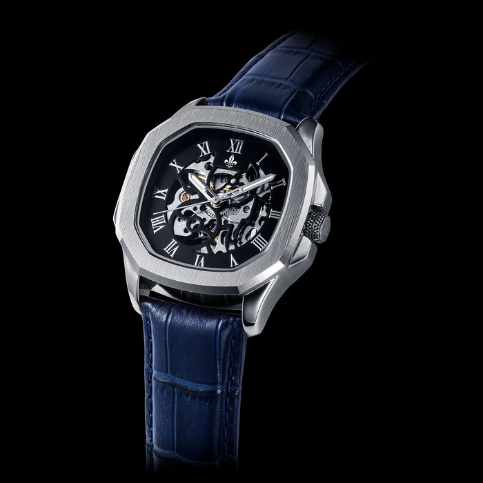Blue Croc Pattern Leather Strap With Silver Buckle men's luxury watch featuring a skeleton dial with Roman numerals and a polished silver-tone case, bold by design.