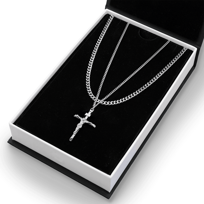 Build Your Own Bundle - Silver featuring two silver-tone men's necklaces with a cross pendant and curb chain style, presented in a black and white luxury gift box.
