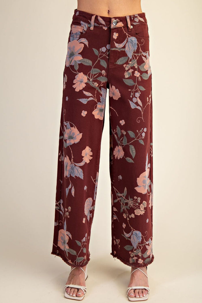 Burgundy Florals Stretch Twill Pants - Curvy Available