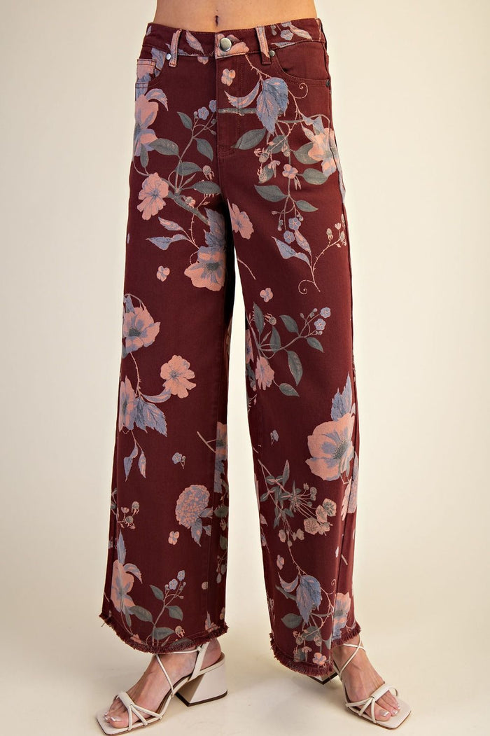 Burgundy Florals Stretch Twill Pants - Curvy Available