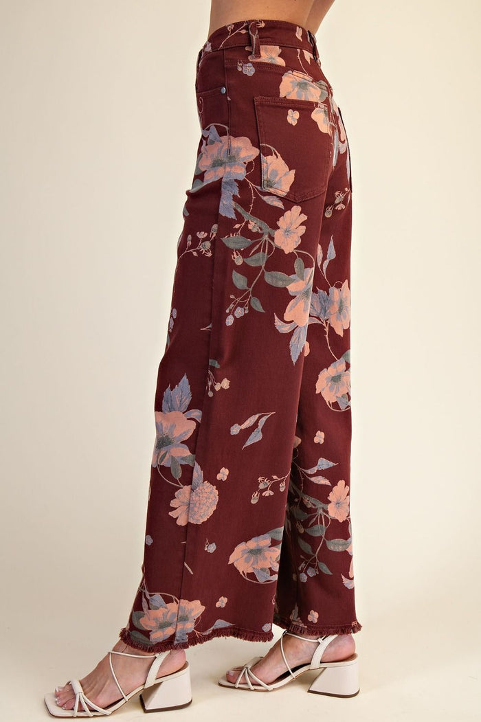 Burgundy Florals Stretch Twill Pants - Curvy Available