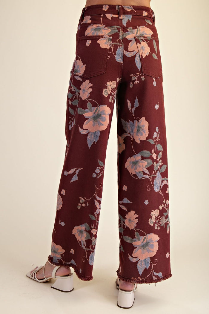 Burgundy Florals Stretch Twill Pants - Curvy Available