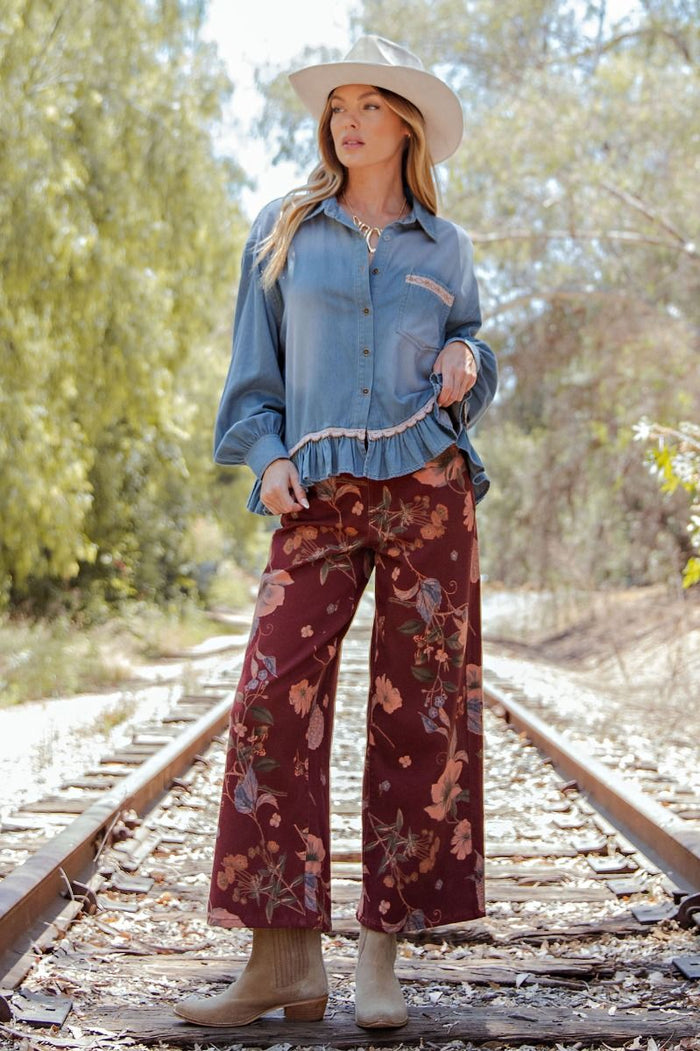 Burgundy Florals Stretch Twill Pants - Curvy Available