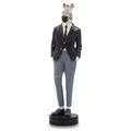 Zebra figurine wearing a suit on a white background