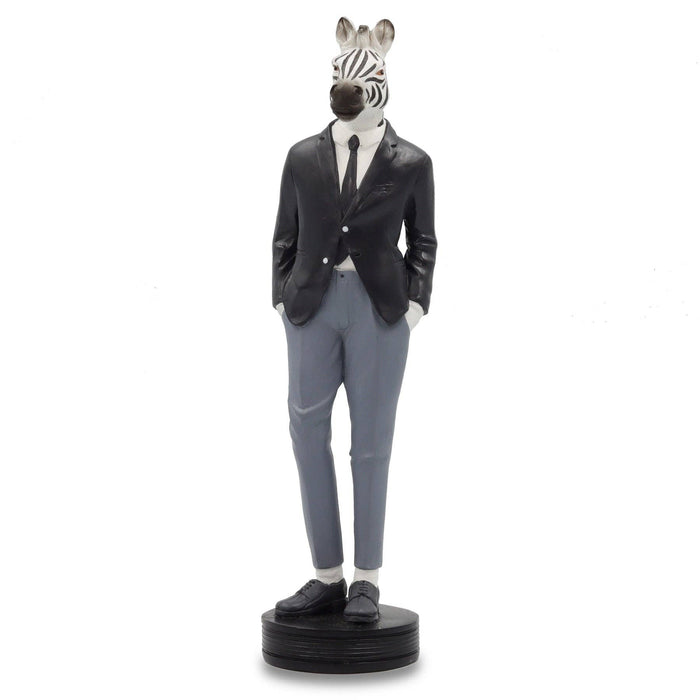 Zebra figurine wearing a suit on a white background