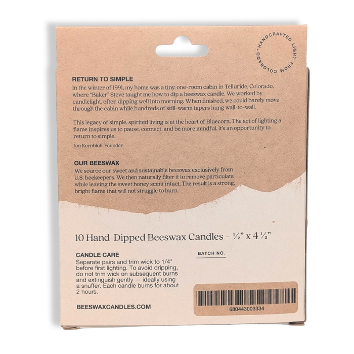 The back of the box of bluecorn beeswax ceremony & vigil candles showing candle care, the company story and some information about the beeswax used