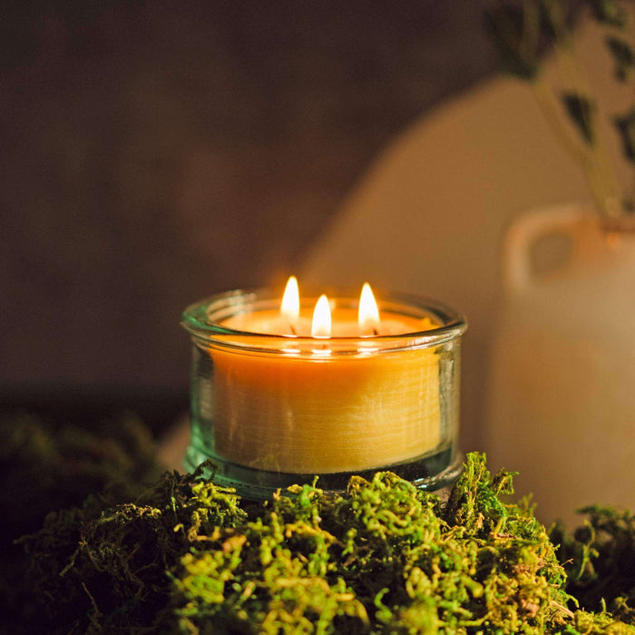 3-wick beeswax candle in recycled handmade spanish glass candle holder bluecorn candles made in usa