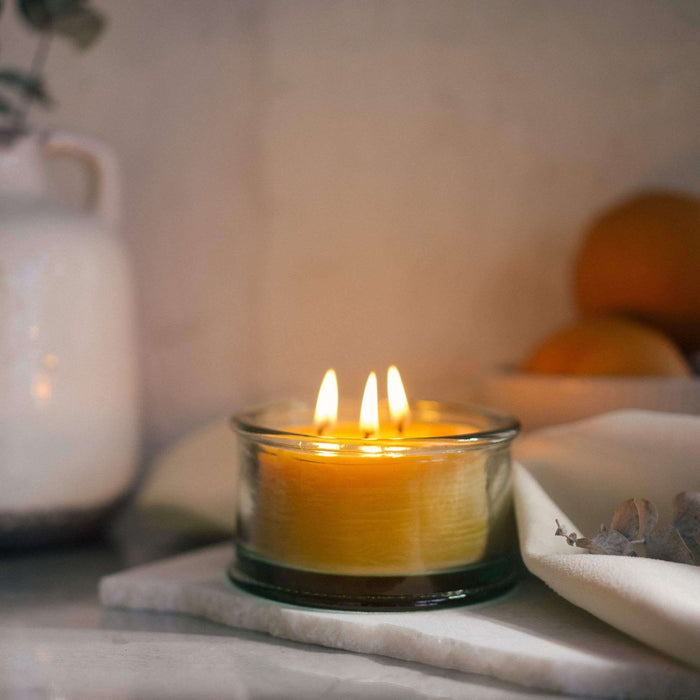 gorgeous 3-wick beeswax scented candle in Spanish glass candle holder bluecorn candles made in usa