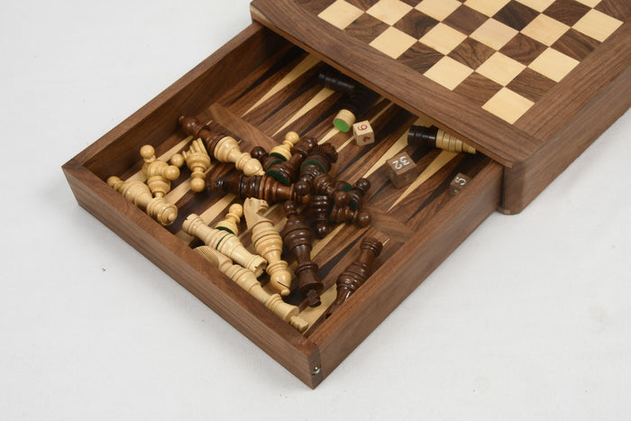 Compact Travel Series Magnetic Chess Set – Sheesham & Boxwood with Dice & Stones | Slight Imperfections
