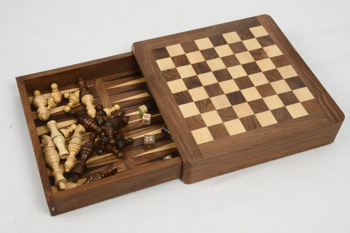 Compact Travel Series Magnetic Chess Set – Sheesham & Boxwood with Dice & Stones | Slight Imperfections