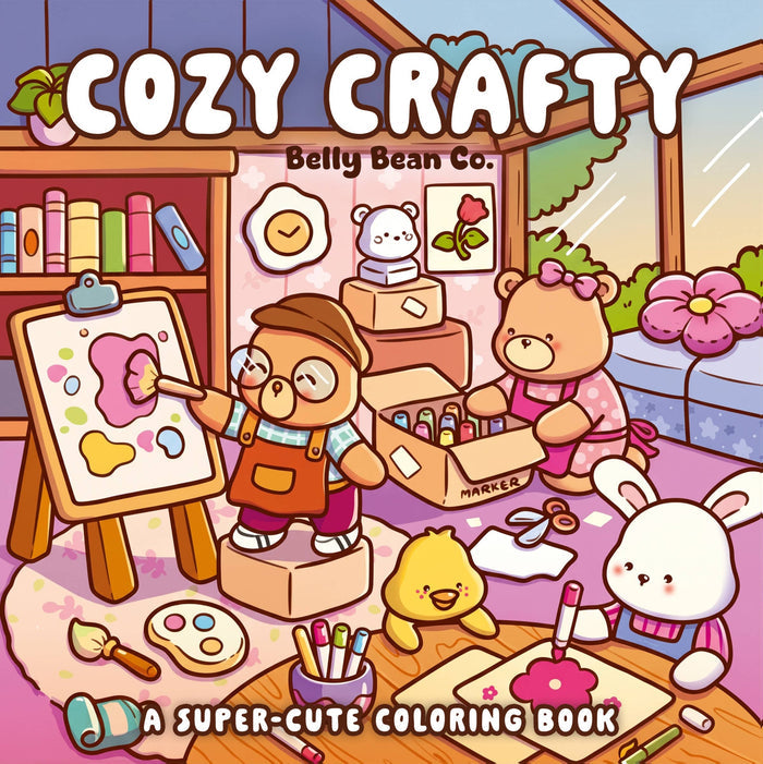 Cozy Crafty Coloring Book by Belly Bean Co. — 40 enchanting illustrations of adorable animals painting, knitting, sewing, and crafting, published by Chronicle Books