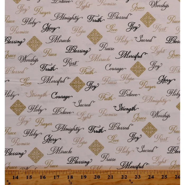 Curtain Valance - Christian Inspirational Words Gray Glitter Cotton