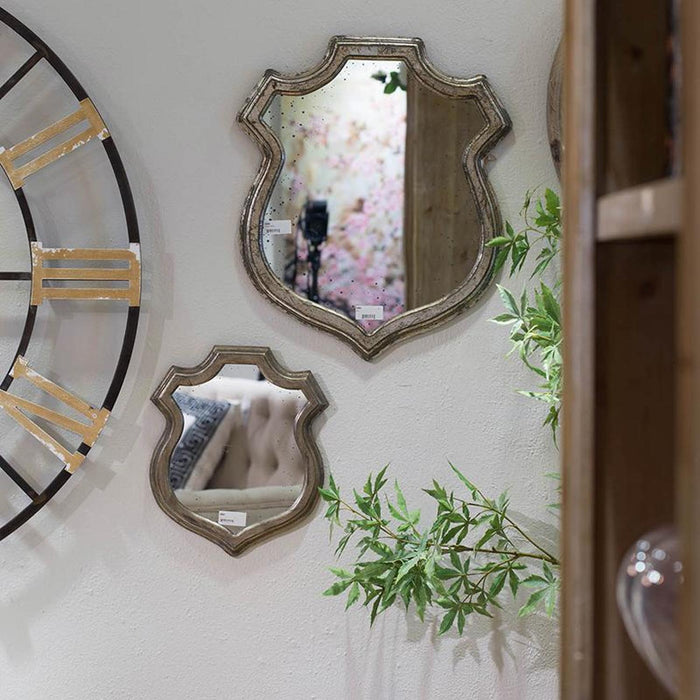 Distressed Metallic Crest Shape Accent Wall Mirror | 24"x20"