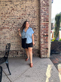 Ditsy Floral Embroidered Chambray Button Down Shirt - Curvy