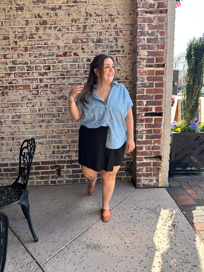 Ditsy Floral Embroidered Chambray Button Down Shirt - Curvy