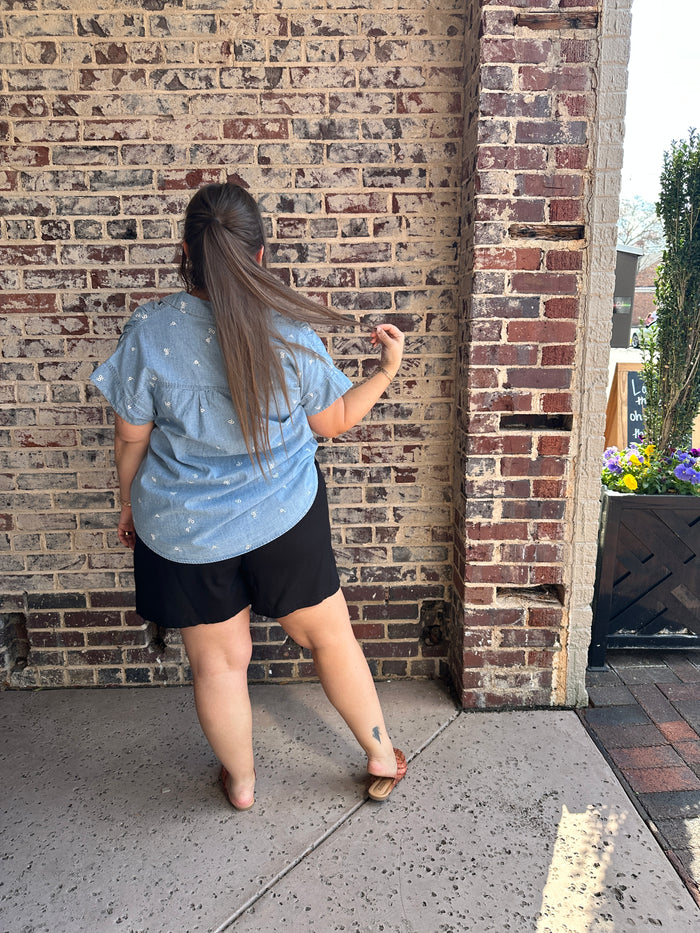 Ditsy Floral Embroidered Chambray Button Down Shirt - Curvy