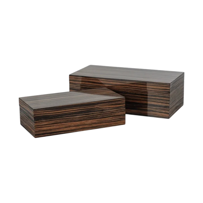 Small and large rectangular ebony veneer boxes with fitted lids, featuring bold black and dark brown striped wood grain in a clean, minimalist design.