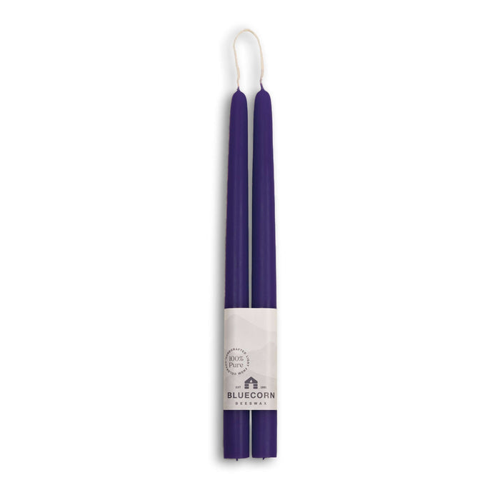 12" Eggplant beeswax taper candles with white bluecorn label and white background