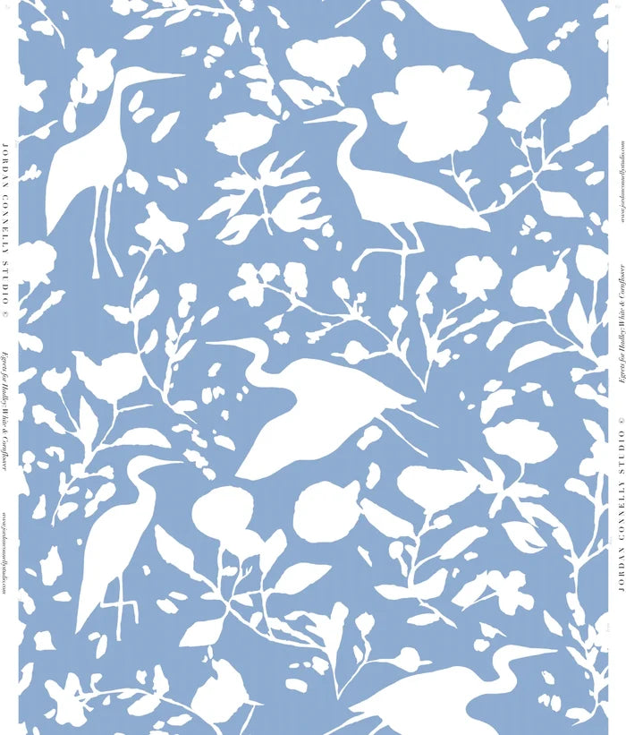 Egrets for Hadley in White & Cornflower Wallpaper