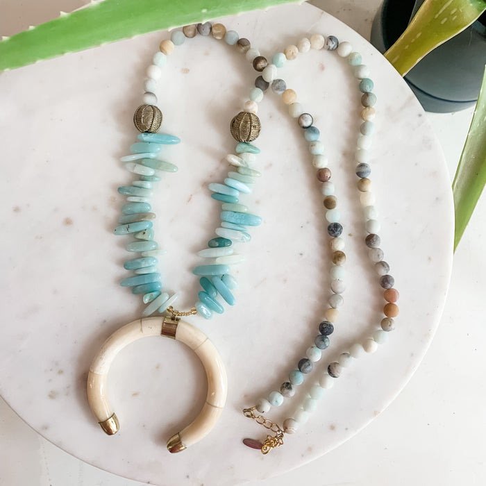 Extra Long Amazonite Crescent Horn Statement Necklace