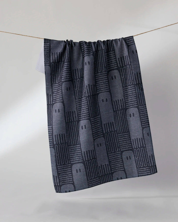 Geometry Hide and Shriek Tea Towel — modern geometric ghost and BOO Halloween pattern in gray tones, Geoweave™ kitchen towel, 18x30 inches, made from recycled materials