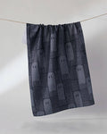 Geometry Hide and Shriek Tea Towel — modern geometric ghost and BOO Halloween pattern in gray tones, Geoweave™ kitchen towel, 18x30 inches, made from recycled materials
