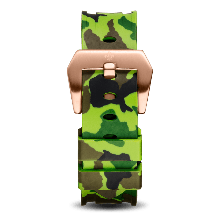 Green Camo Strap With Rose Gold Buckle featuring a bold green and brown camouflage pattern with a polished rose gold buckle, designed as a standout accessory for men’s luxury watches.