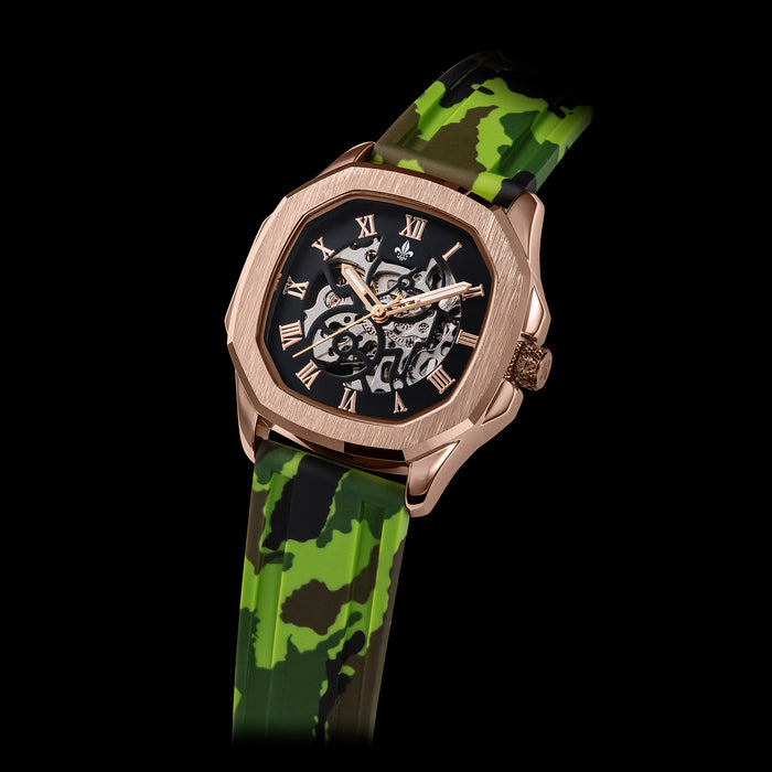 Luxury men's watch with a Green Camo Strap With Rose Gold Buckle, featuring a rose gold case, black dial with skeletonized elements, and Roman numeral markers.